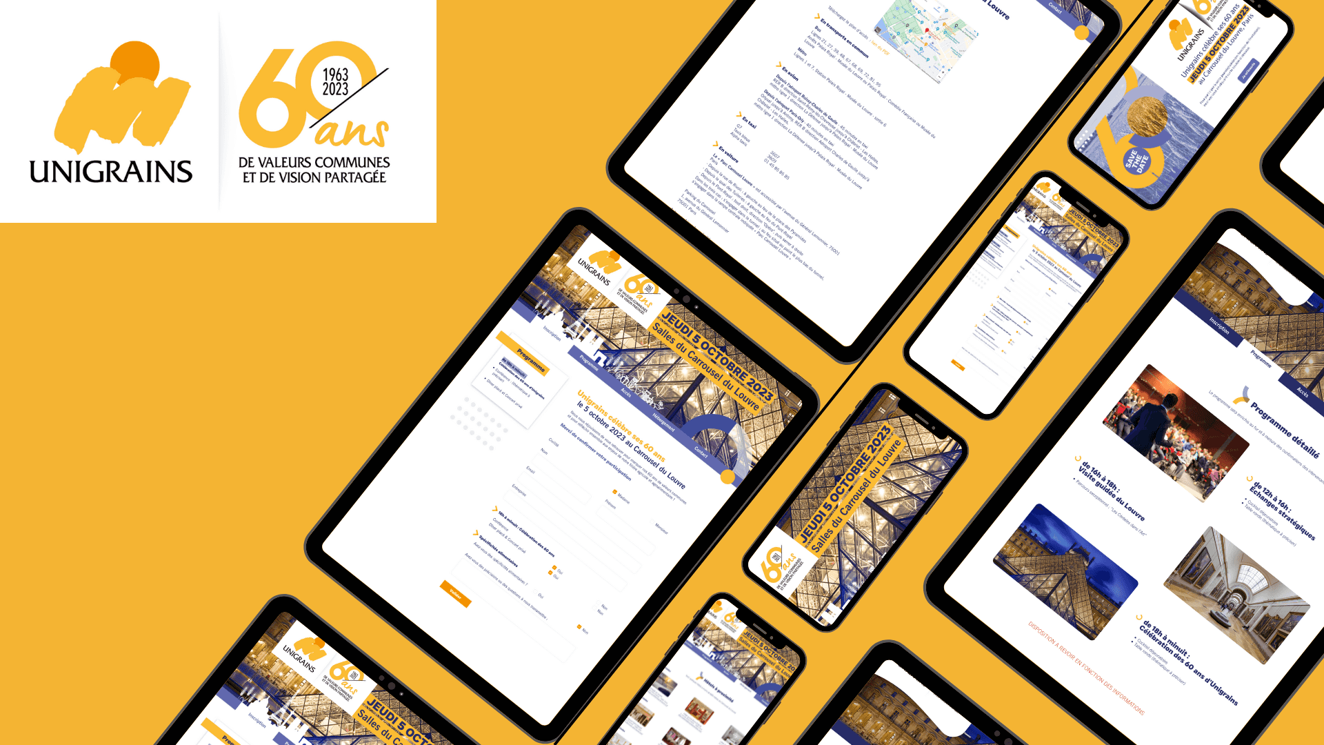 Mockup du site événementiel Unigrains sur ordinateur, tablette et mobile