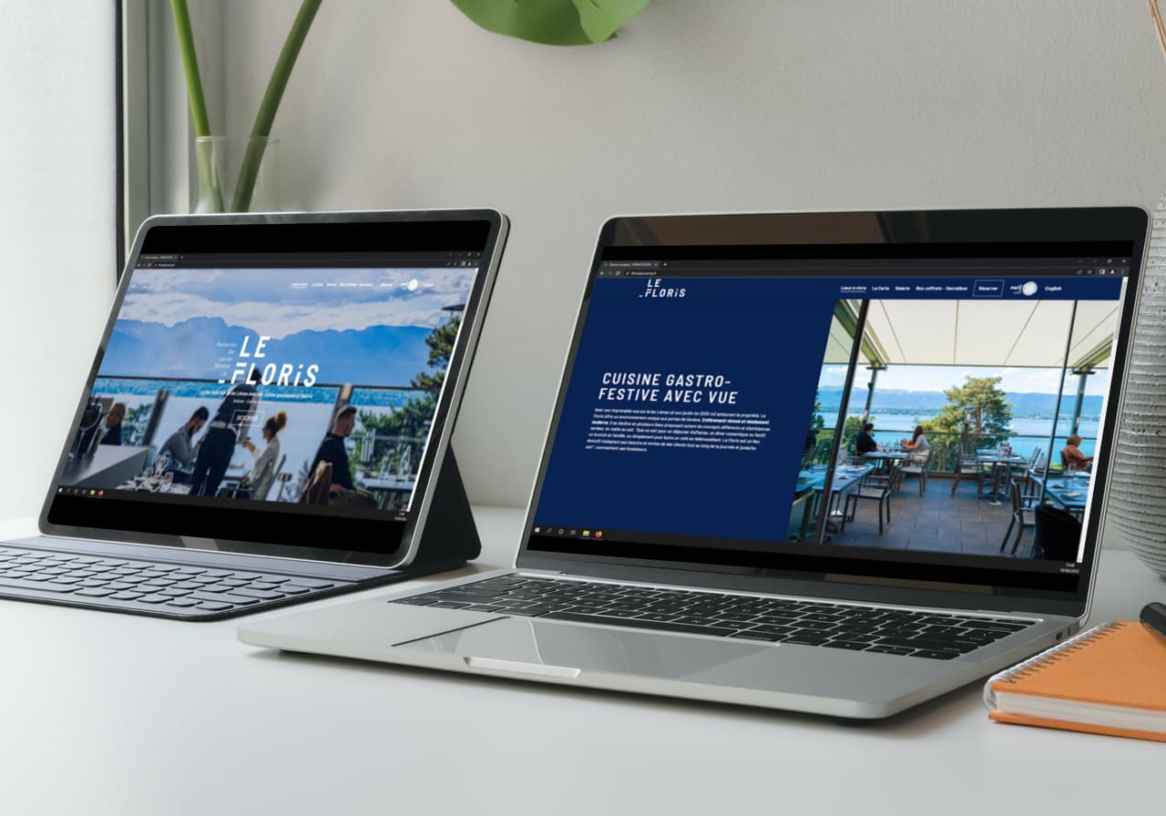 Site du restaurant Le Floris présenté sur une tablette et un ordinateur portable